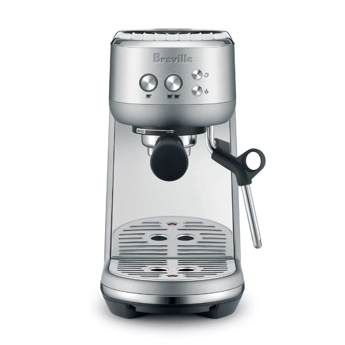 Breville Bambino BES450BSS front view shows compact footprint for small kitchens.