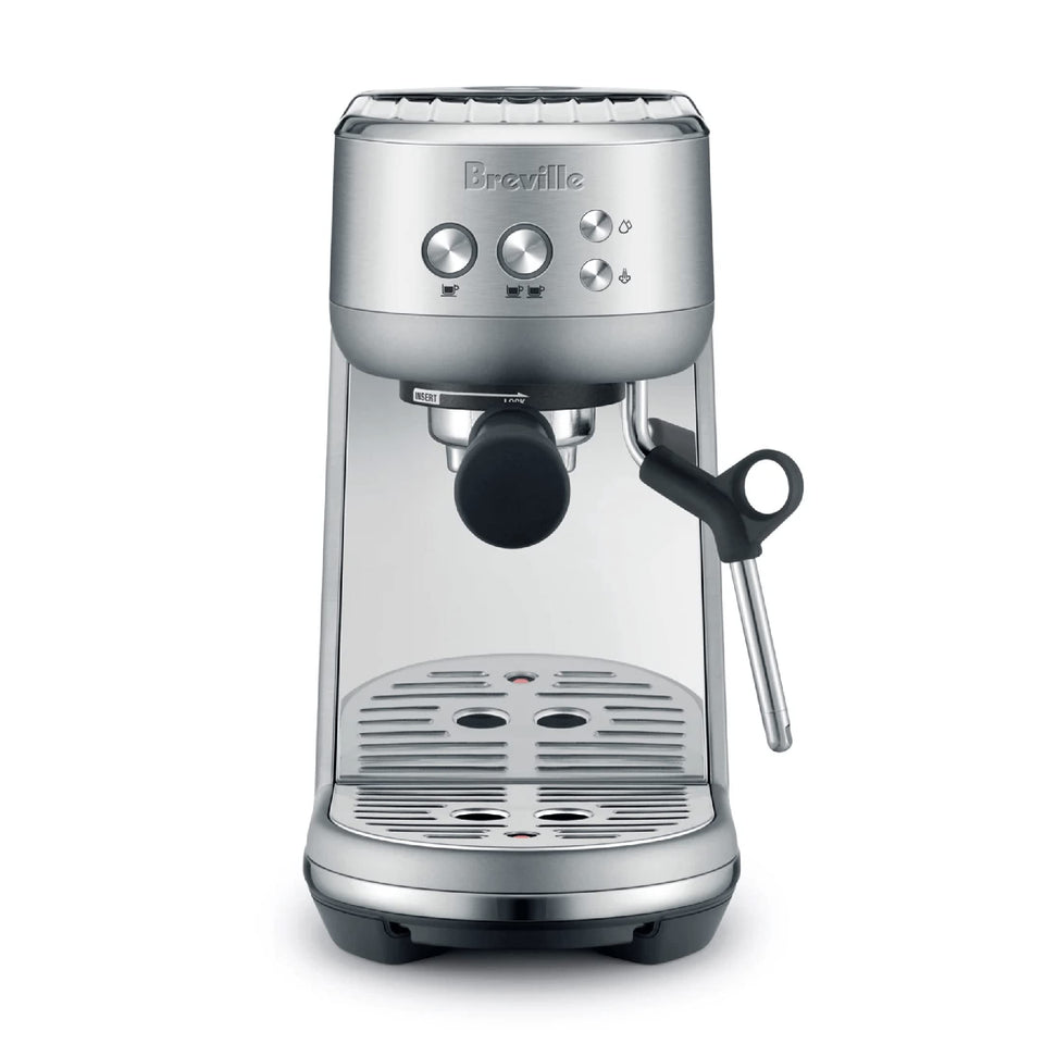 Breville Bambino BES450BSS front view shows compact footprint for small kitchens.