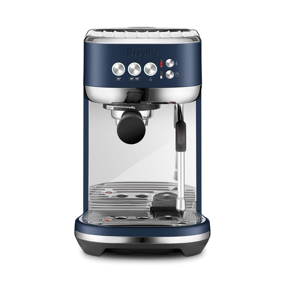 Breville Bambino Plus Damson Blue front view on a clean counter, ideal for space-saving kitchens.