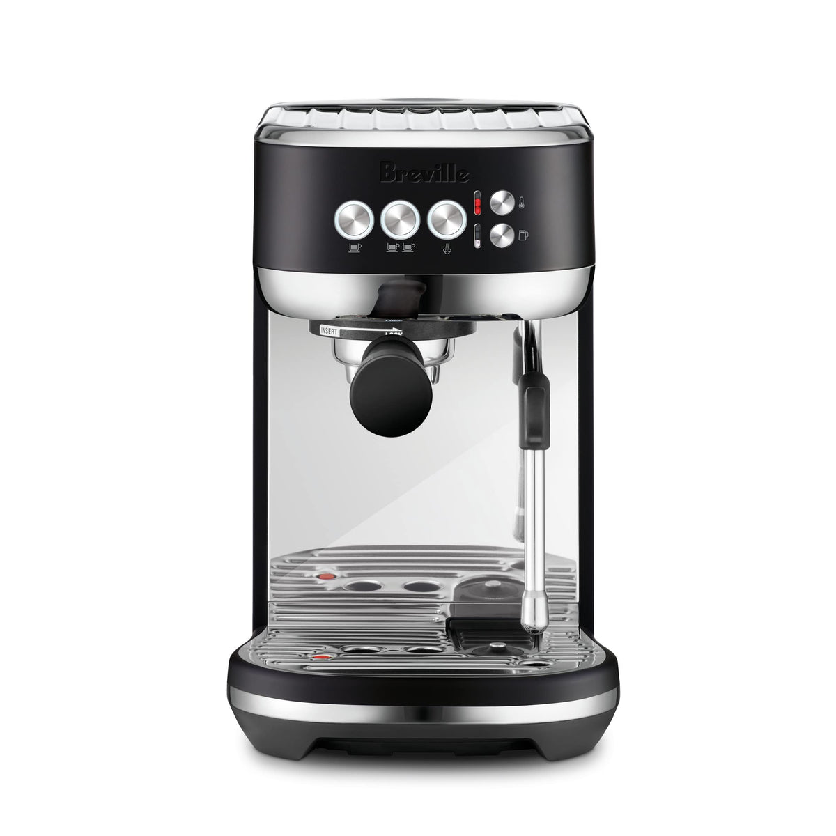 Breville Bambino Plus front view, compact kitchen ready for café-quality espresso