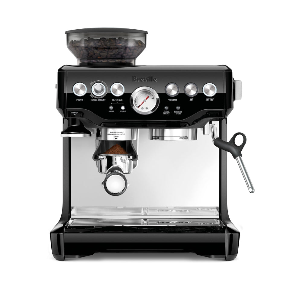 Breville Barista Express BES870BSXL front view shows integrated grinder for beans-to-espresso versatility