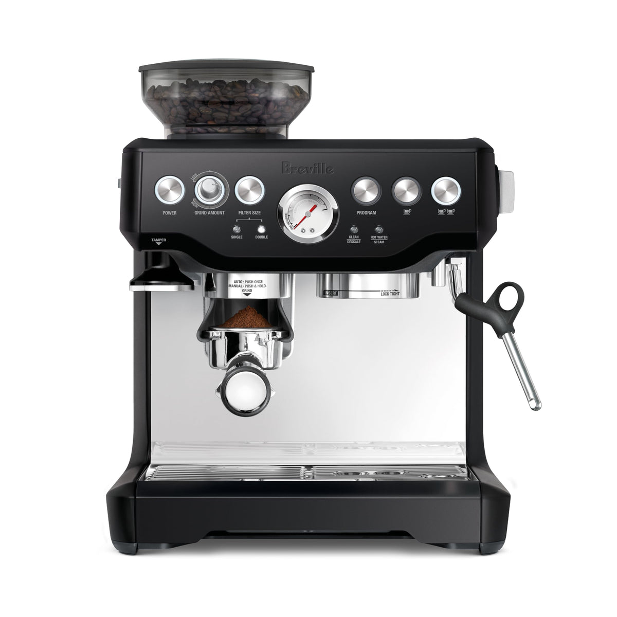 Breville Barista Express BES870BTR front view; compact all-in-one espresso for home use.