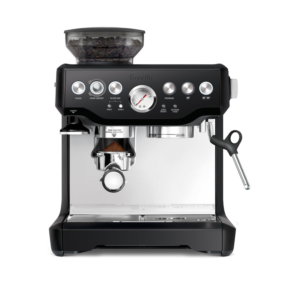 Breville Barista Express BES870BTR front view; compact all-in-one espresso for home use.