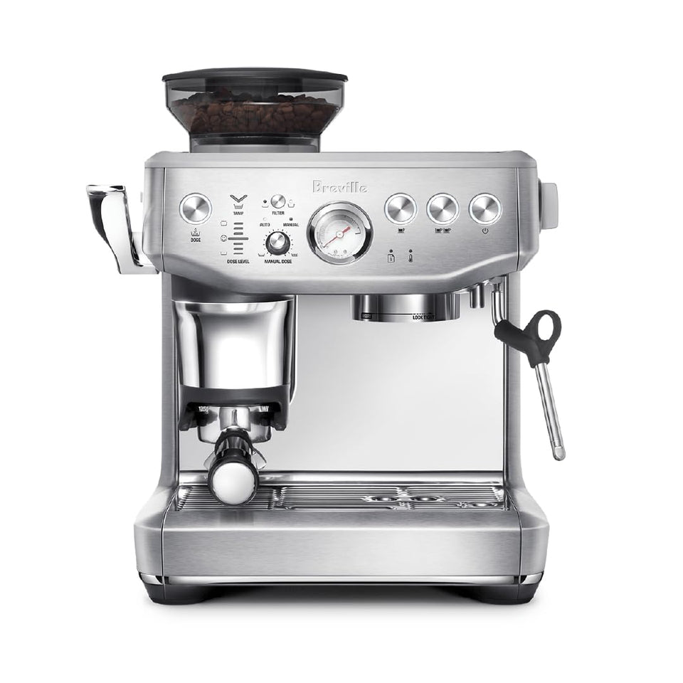 Breville Barista Express Impress front view with brushed stainless steel for cafe‑quality espresso at home