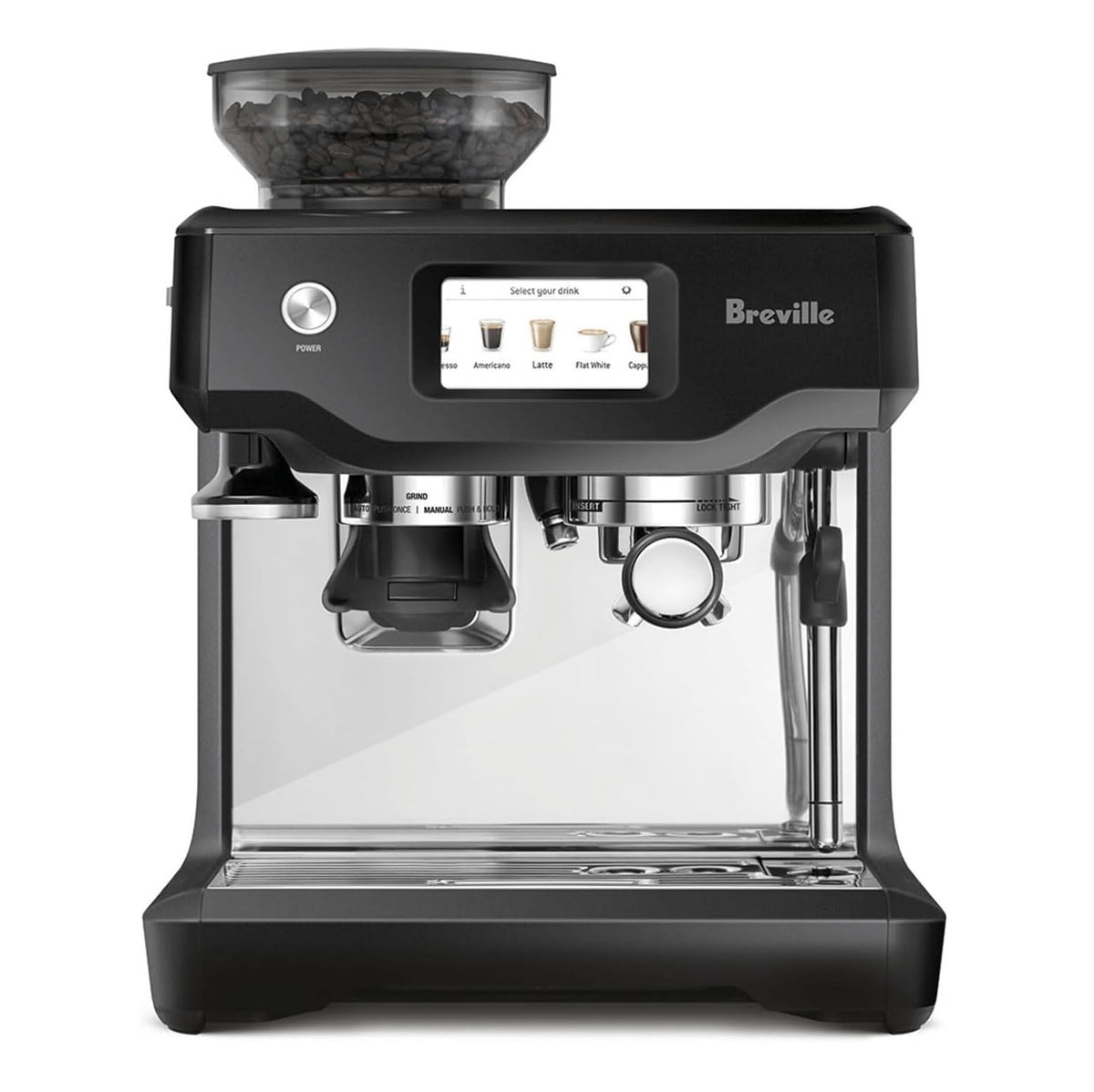 Breville Barista Touch BES880BTR front view in Black Truffle for a compact home espresso setup.