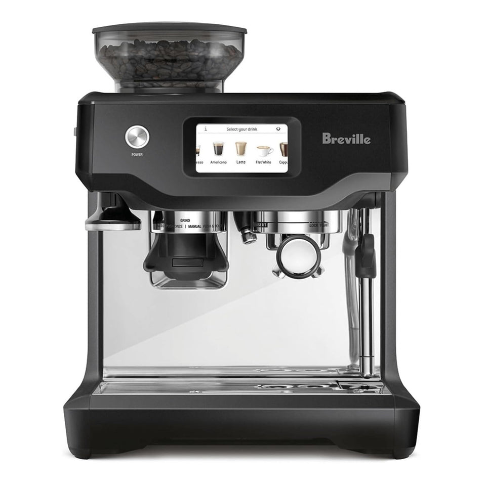 Breville Barista Touch BES880BTR front view in Black Truffle for a compact home espresso setup.