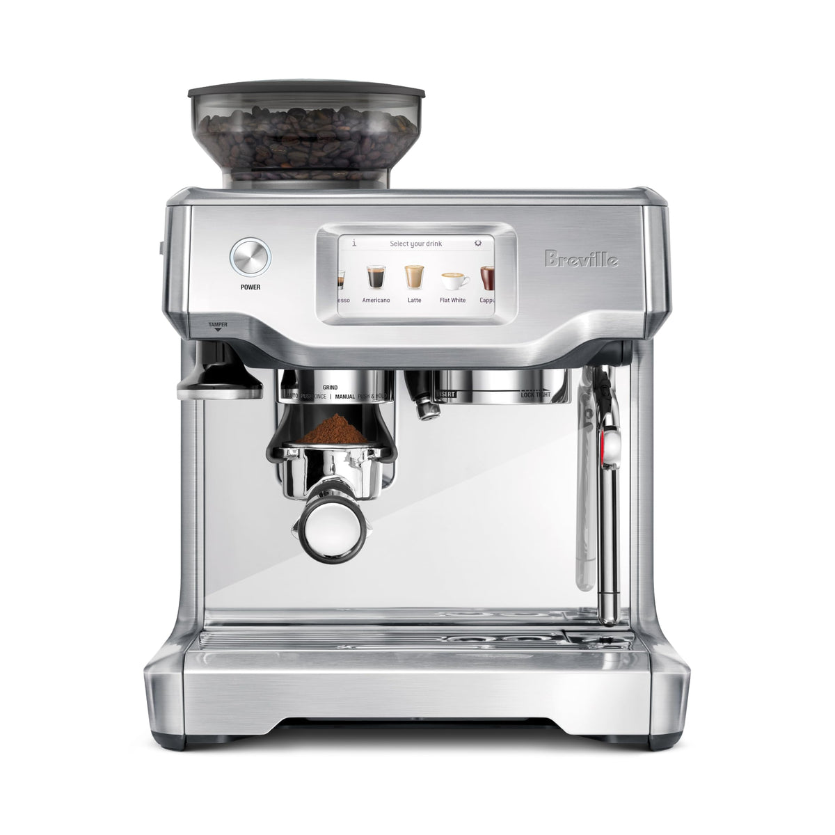 Breville Barista Touch front view in brushed stainless steel for home café appeal.