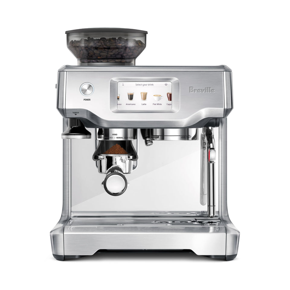 Breville Barista Touch front view in brushed stainless steel for home café appeal.