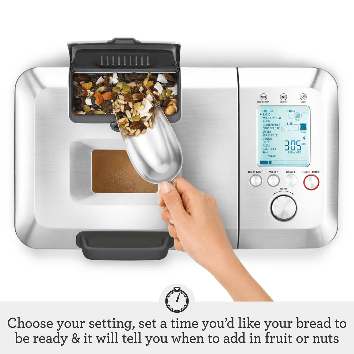 Breville BBM800XL control panel with LCD display enables easy program selection and progress monitoring.