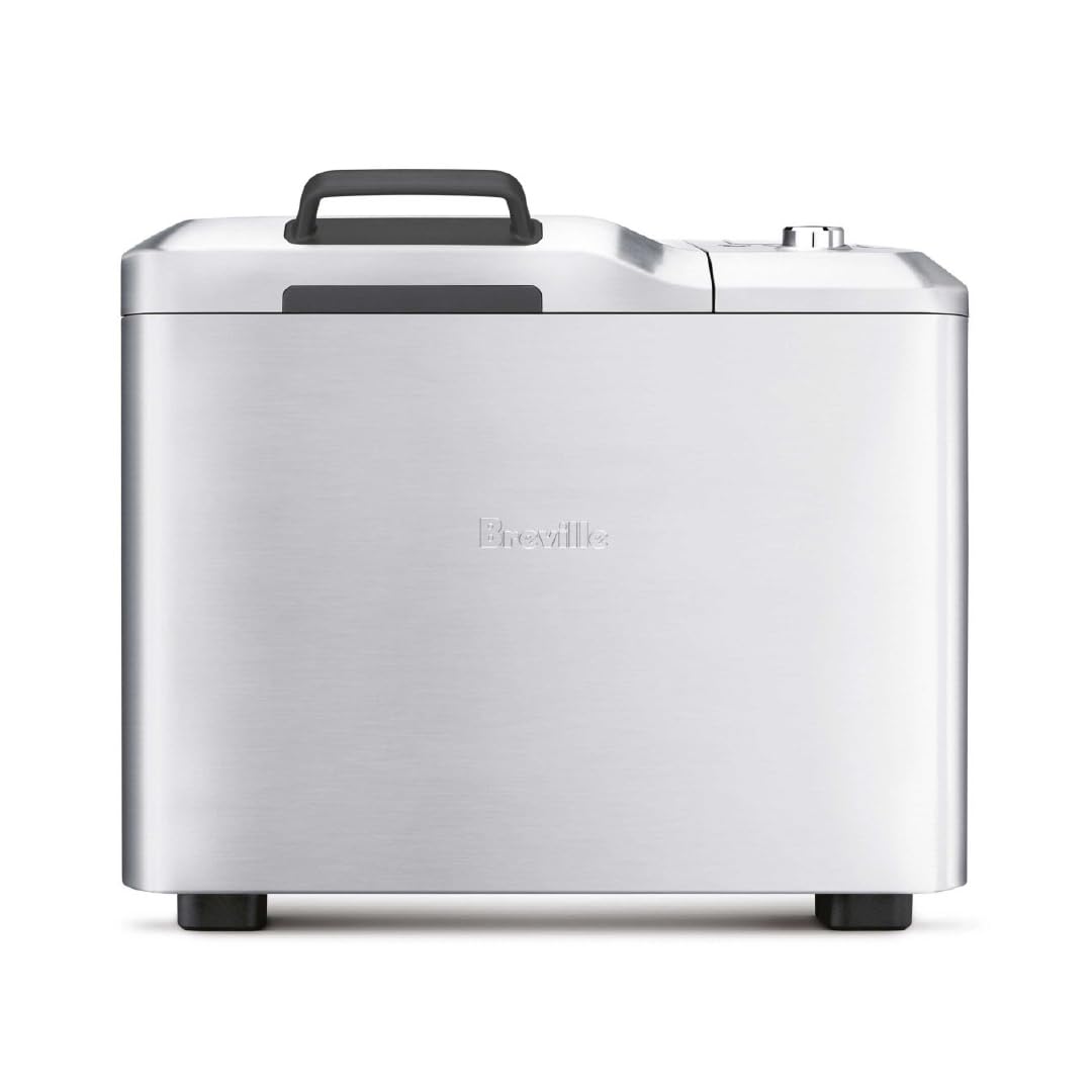 Breville BBM800XL front-angle view highlights space-saving stainless steel design for home baking.