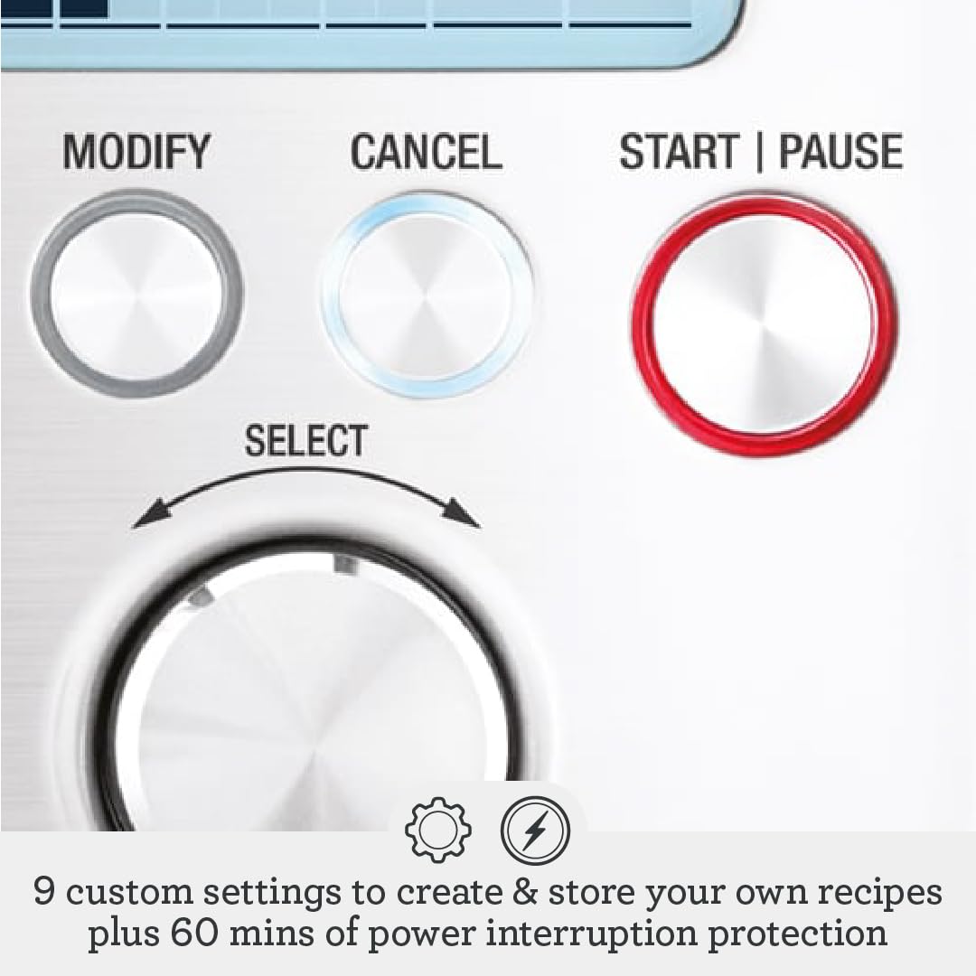 Breville BBM800XL automatic fruit and nut dispenser enables timely add-ins for flavor variety.