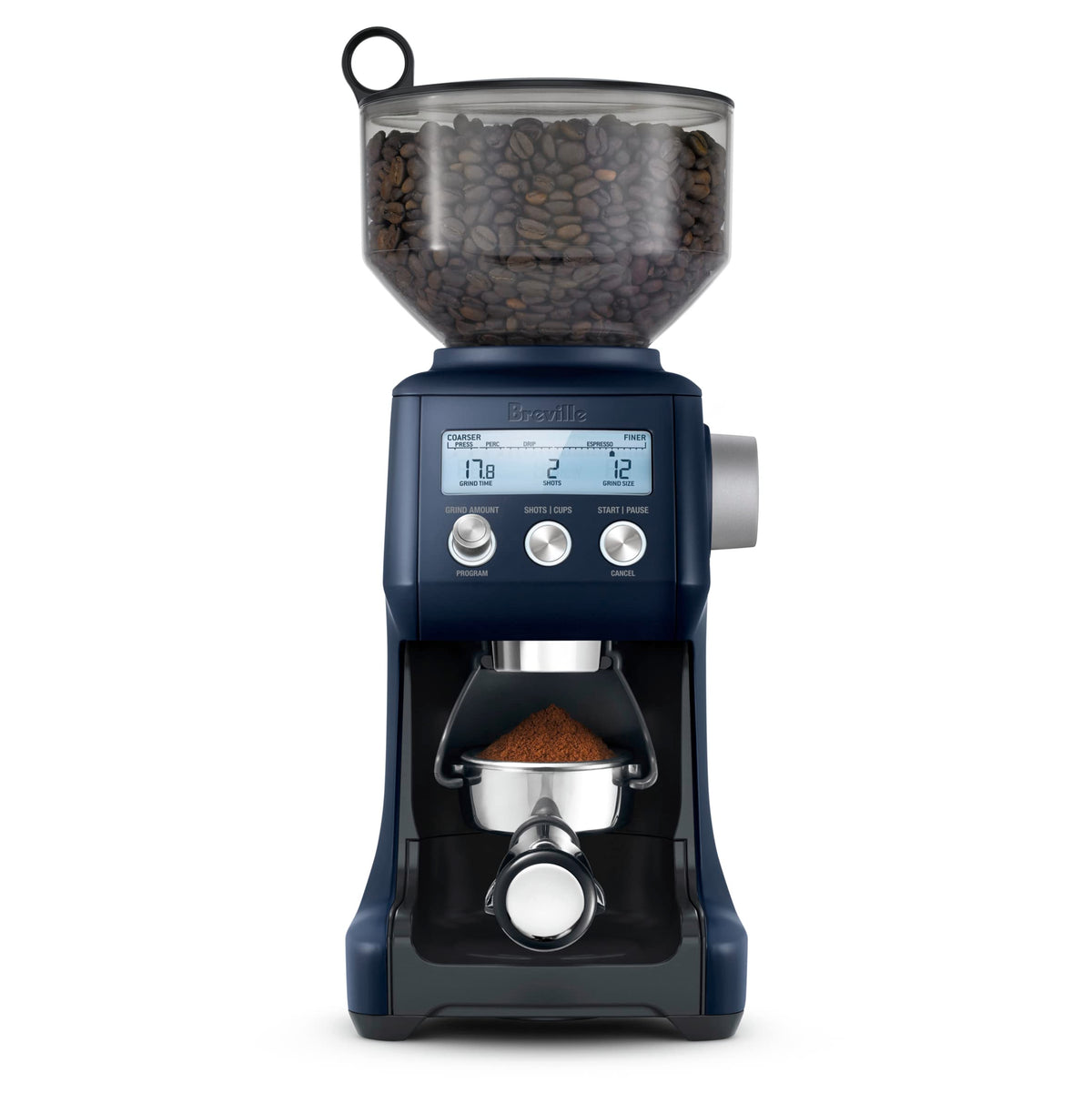 Breville BCG820DBL damson blue front view showing compact coffee setup for precise grinding.