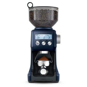 Breville BCG820DBL damson blue front view showing compact coffee setup for precise grinding.