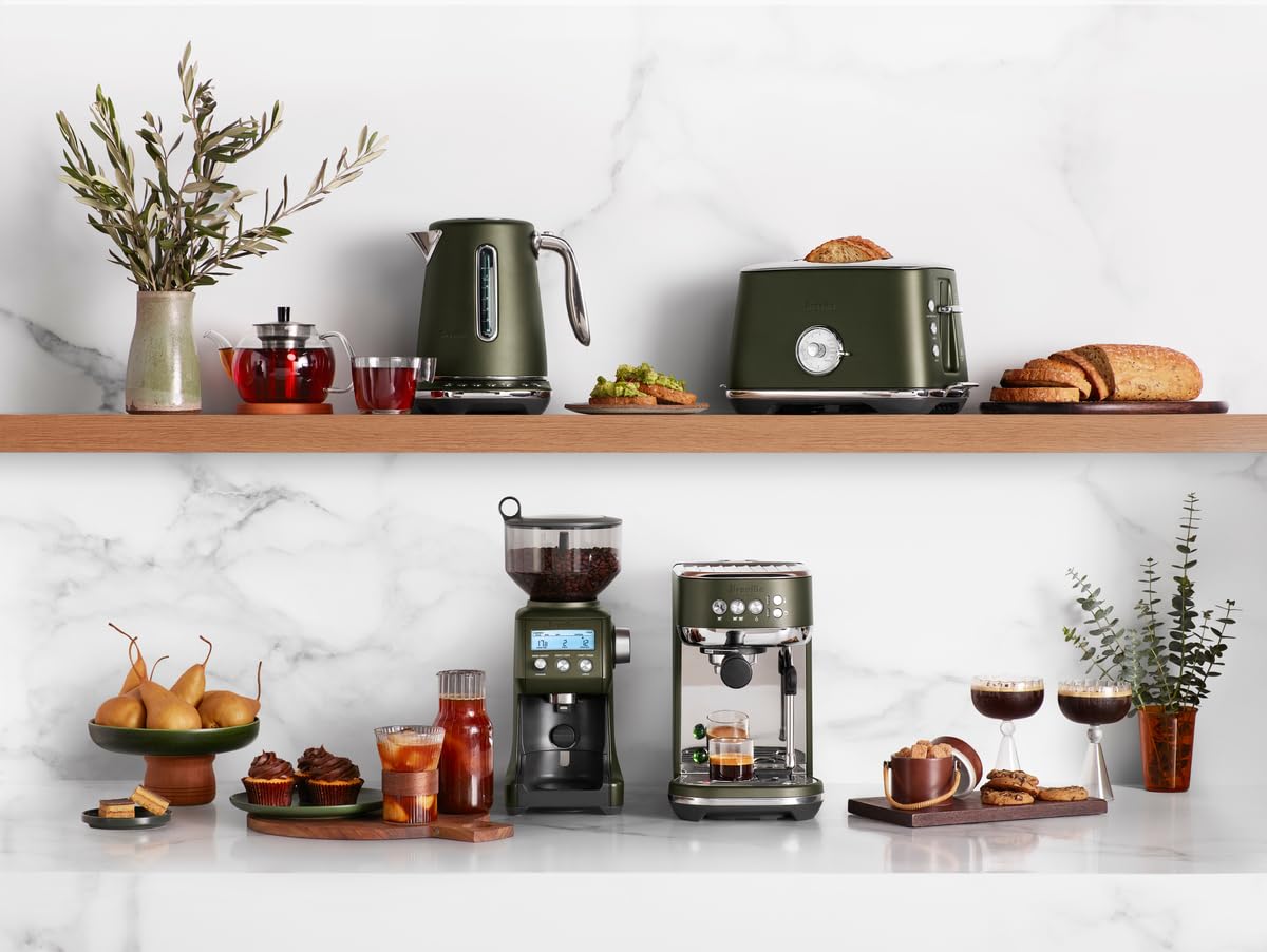 Breville BCG820OLT digital display in olive-tapenade finish with clear grind time and settings