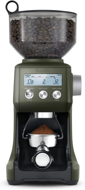 Breville BCG820OLT front view in olive-tapenade finish showing precise dosing for espresso