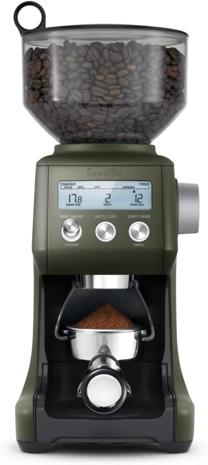 Breville BCG820OLT front view in olive-tapenade finish showing precise dosing for espresso