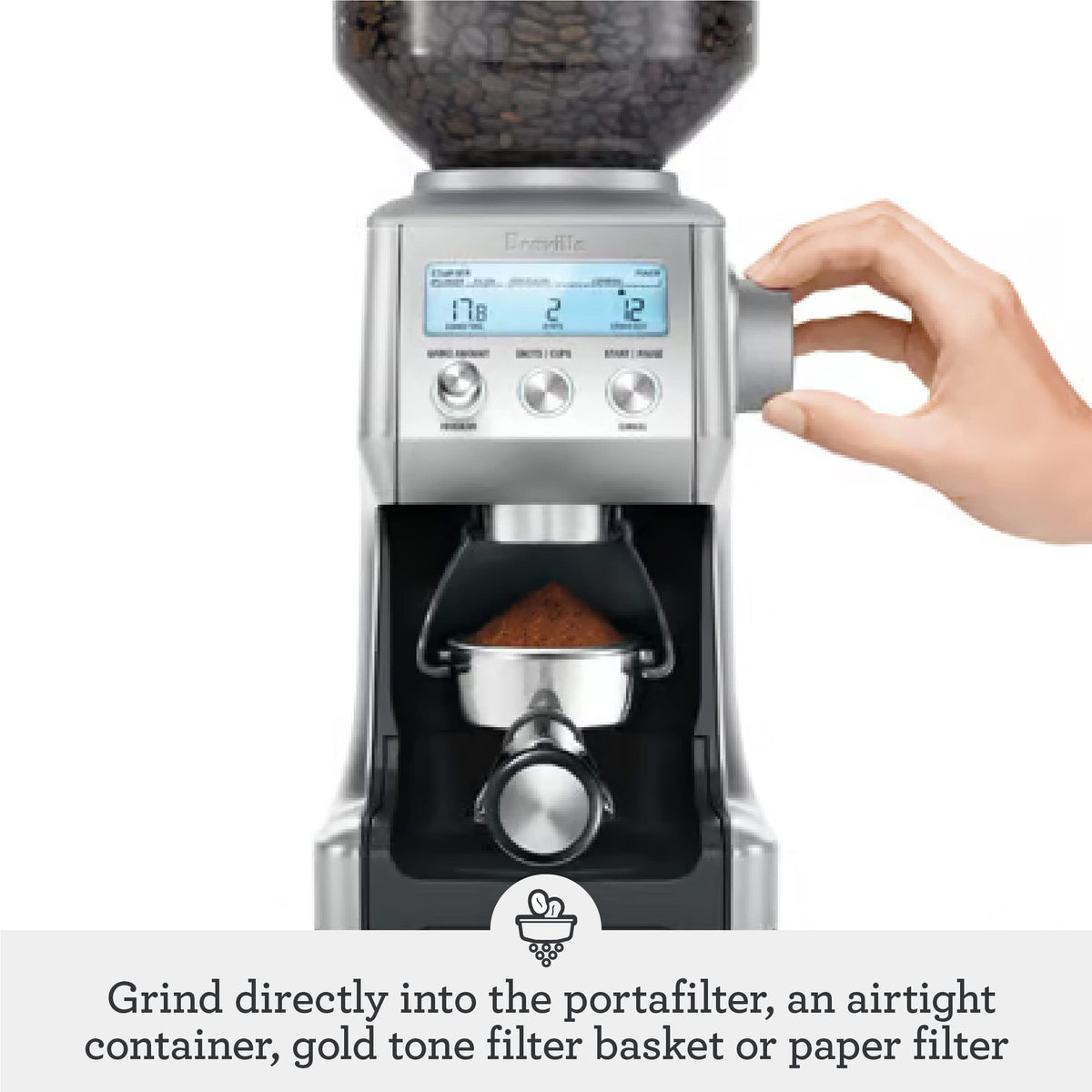 Breville BCG820OLT grinds container in olive-tapenade keeps coffee fresh between uses
