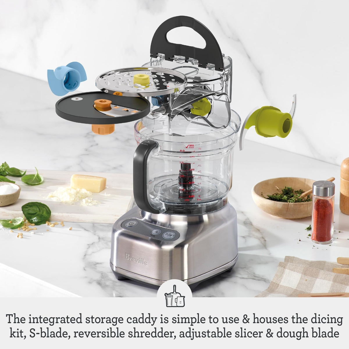 Breville BFP610 onboard storage caddy keeps dicing kit and blades organized
