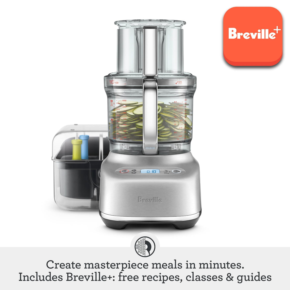 Breville BFP810 5.5-inch feed chute enables versatile prep.