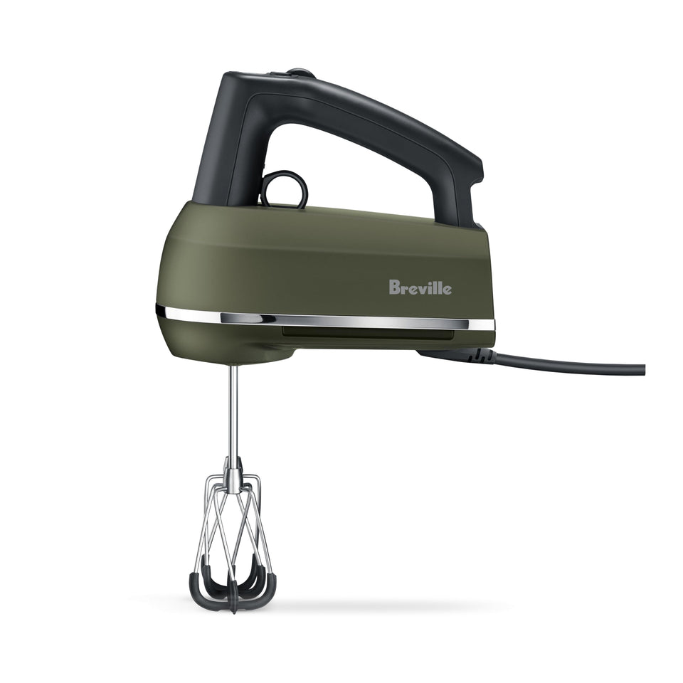 Breville BHM800OLT hand mixer with ergonomic handle for comfortable long use.