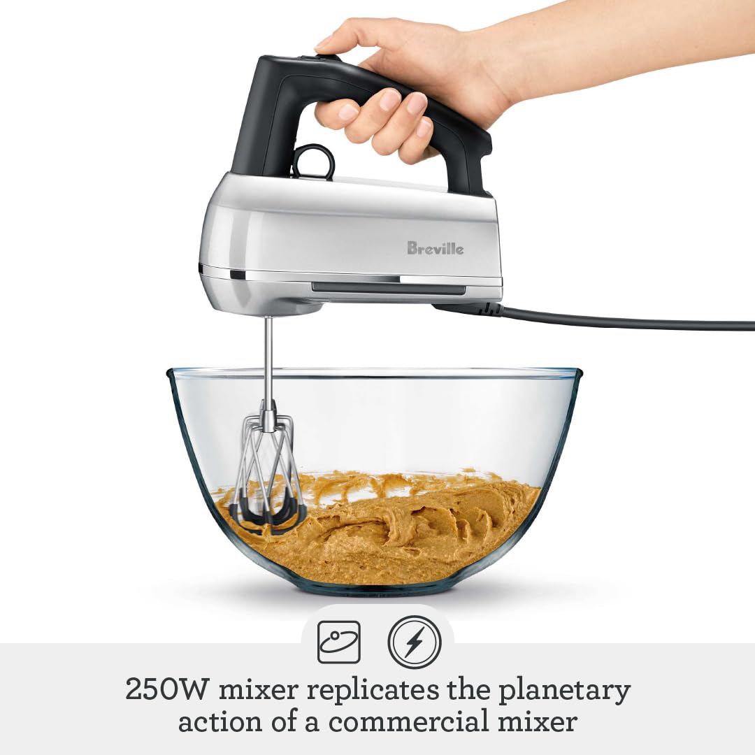 Breville BHM800SIL scraper beaters deliver thorough mixing with reduced noise.