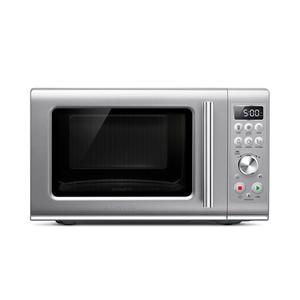 Breville BMO650SIL compact microwave front view highlighting space-saving design.