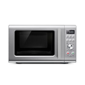 Breville BMO650SIL compact microwave front view highlighting space-saving design.