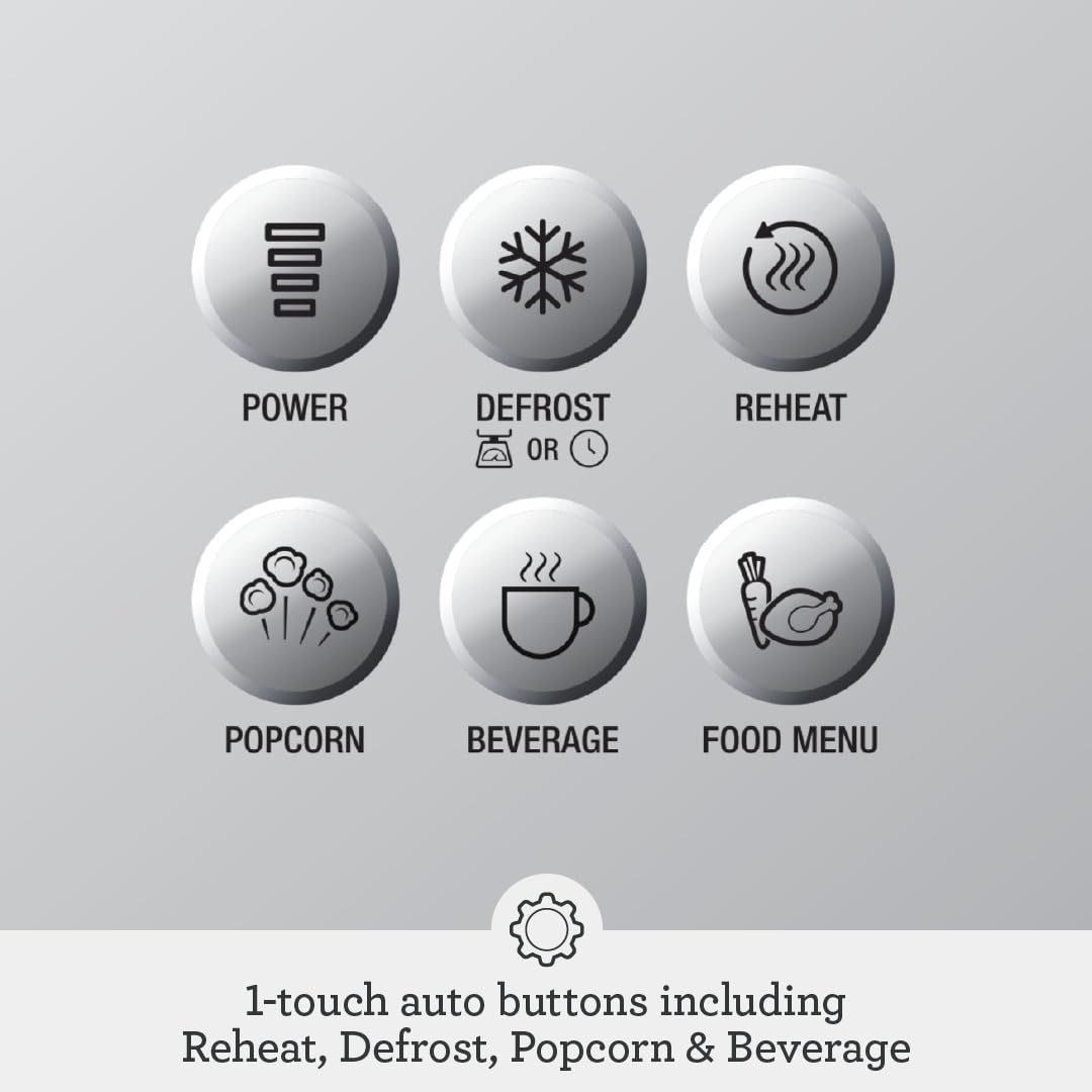 Defrost and Reheat features ensure gentle warming without drying edges.