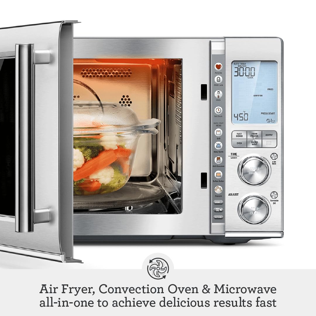 Breville BMO870BSS Combi Wave air fry function delivers crispy textures with less oil.