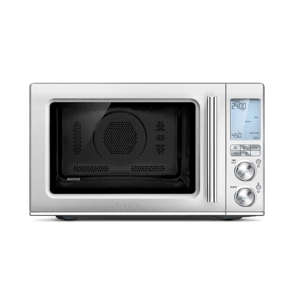 Breville BMO870BSS Combi Wave front view showing compact three-in-one versatility for busy kitchens.