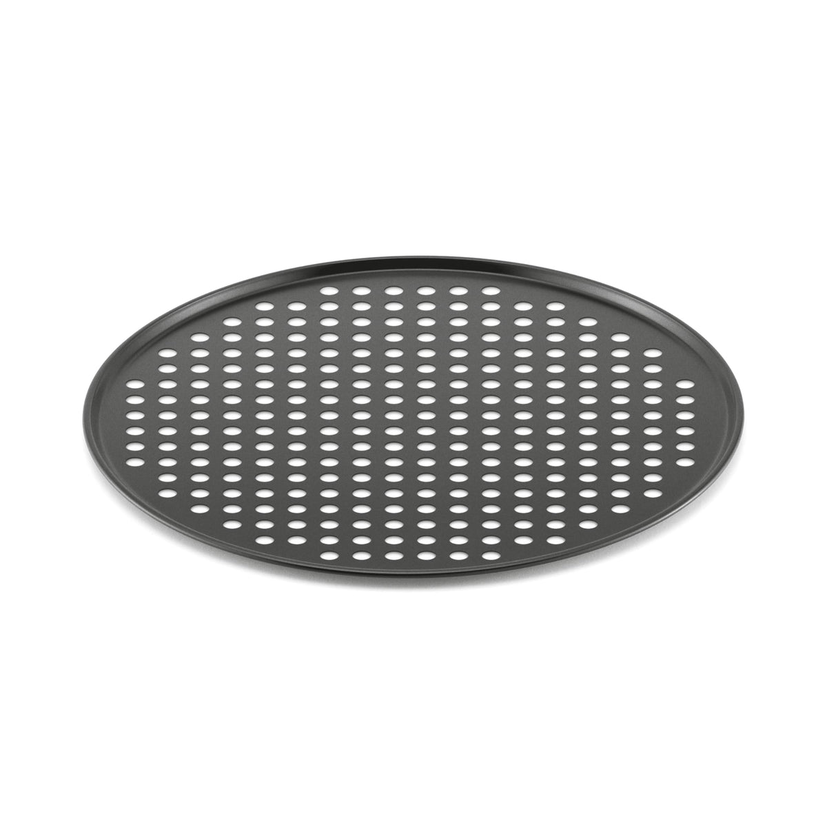 Breville BOV800PC pizza crisper pan with 1/3 inch holes for crisp crusts.