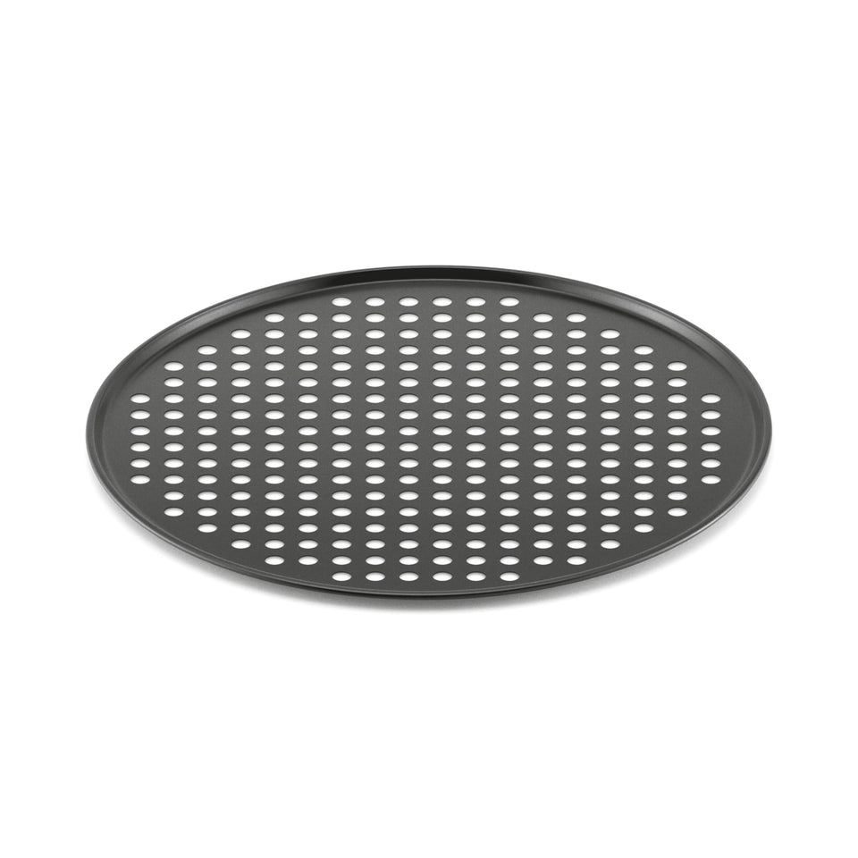 Breville BOV800PC pizza crisper pan with 1/3 inch holes for crisp crusts.
