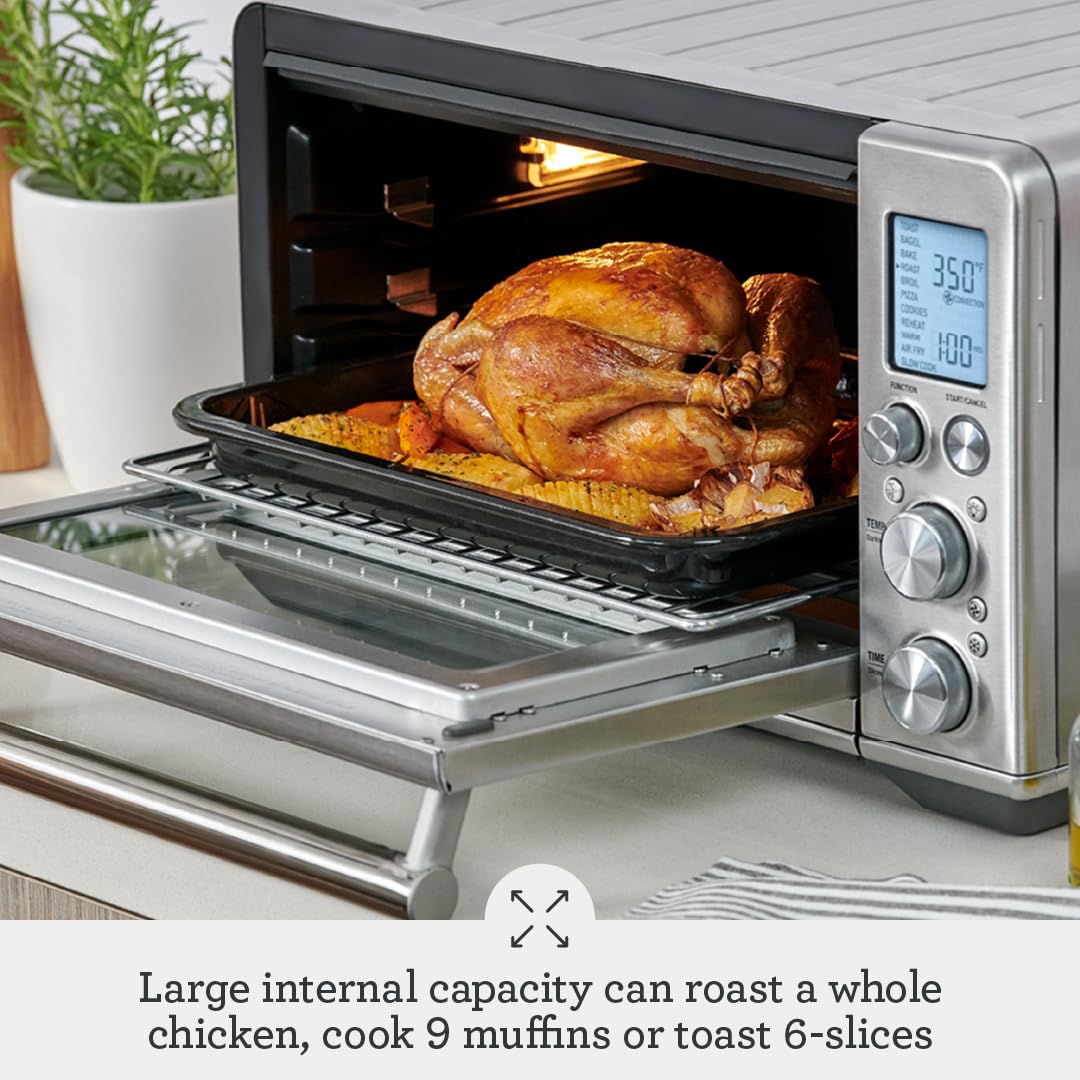 Breville BOV860BTR dedicated air fry setting enables crispy favorites.