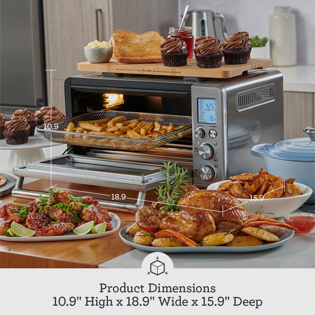 Breville BOV860BTR includes air fry basket, roasting pan, pizza pan, and racks.