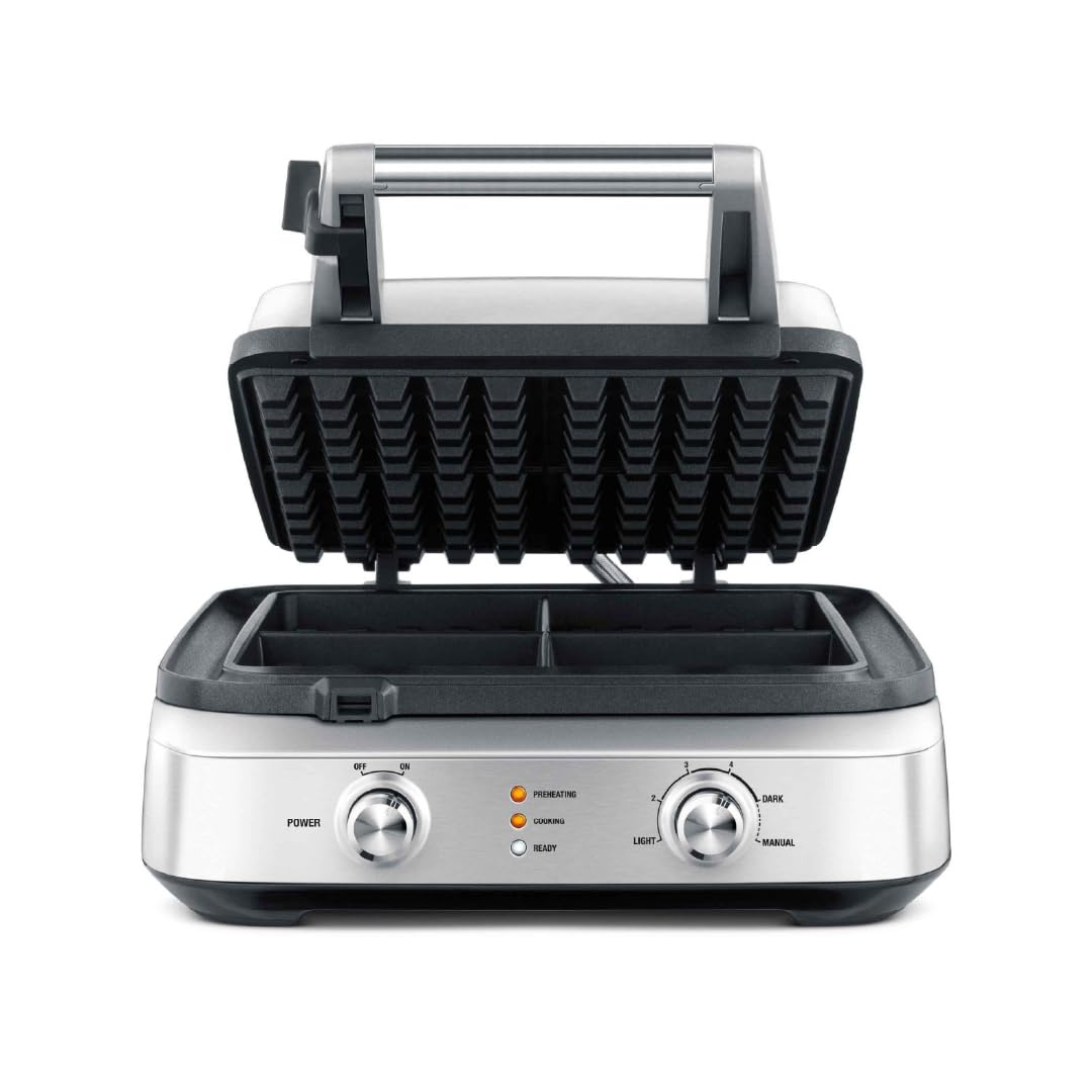 Breville BWM604BSS smart square waffle maker front view showcases compact brushed stainless steel design