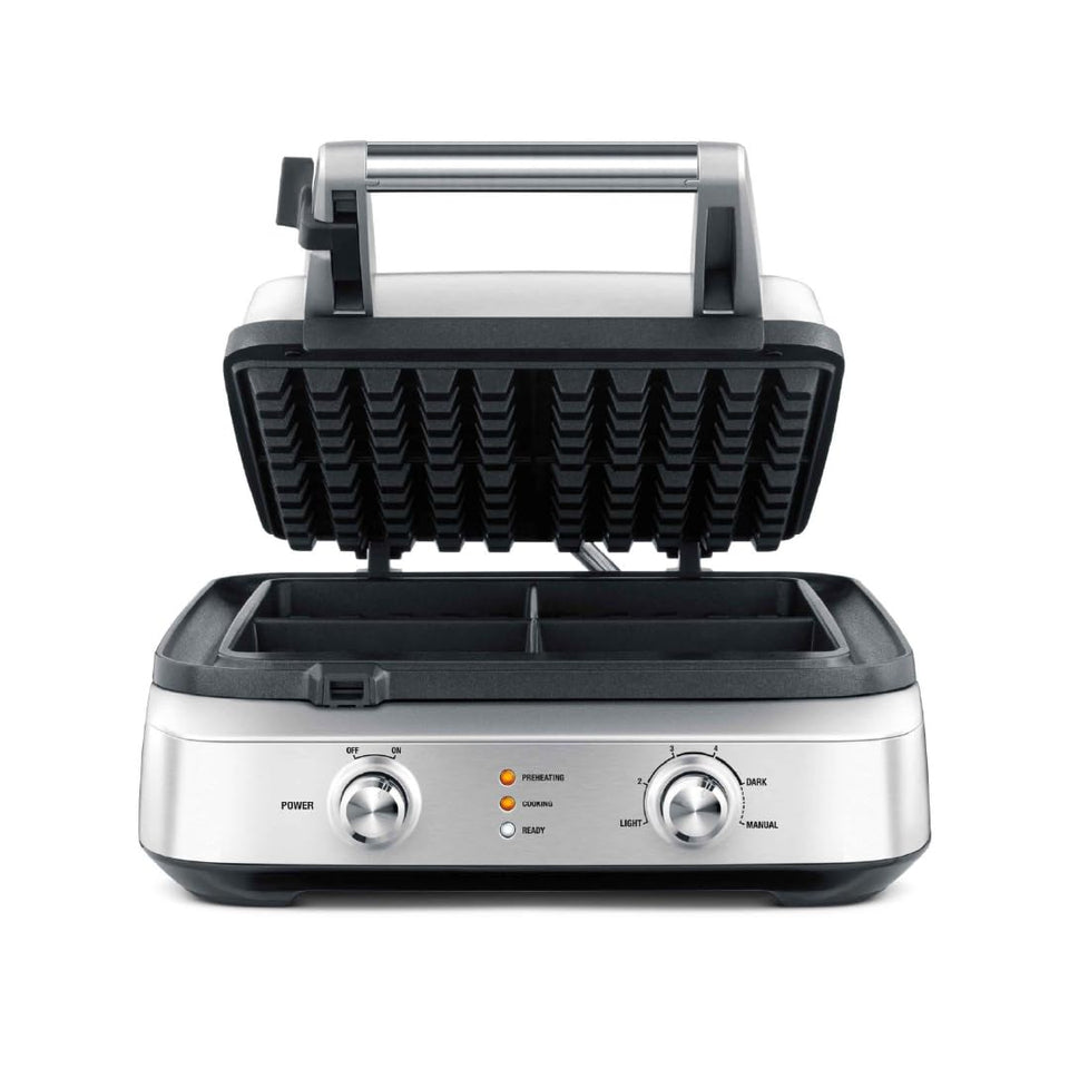 Breville BWM604BSS smart square waffle maker front view showcases compact brushed stainless steel design