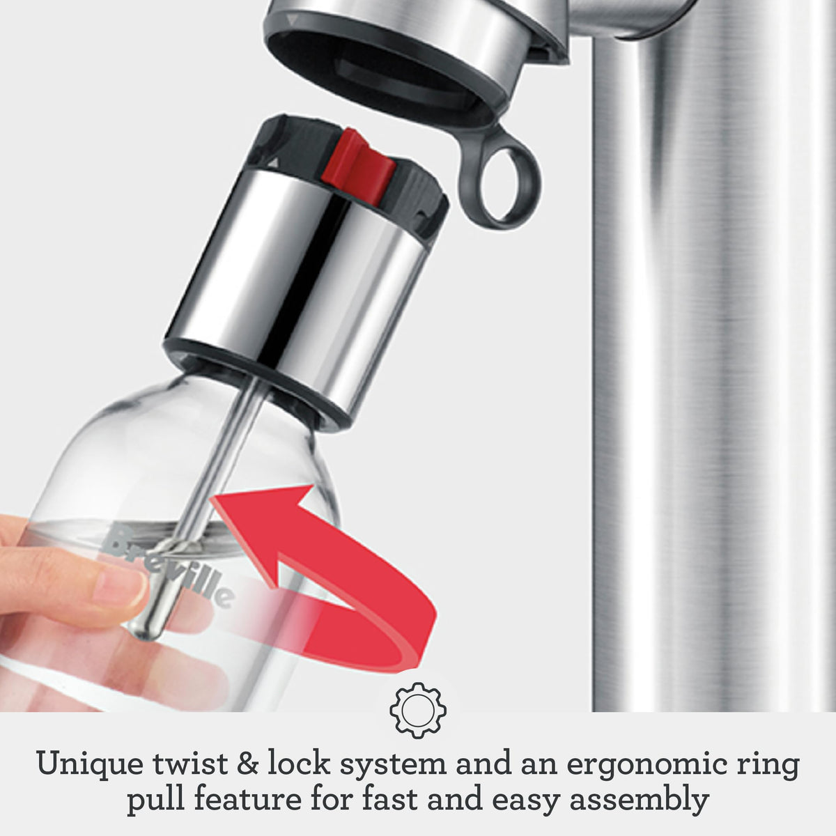 Breville InFizz easy-twist lock demonstrates quick, tool-free carbonation at home.