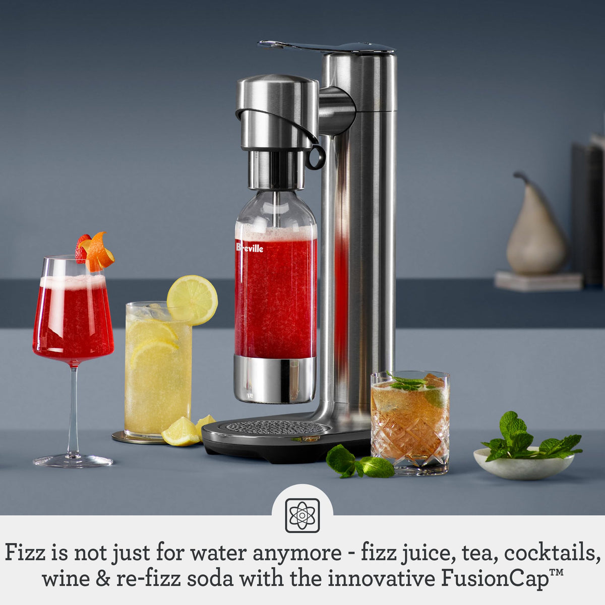 Breville InFizz FusionCap technology highlights safe carbonation for many beverages.