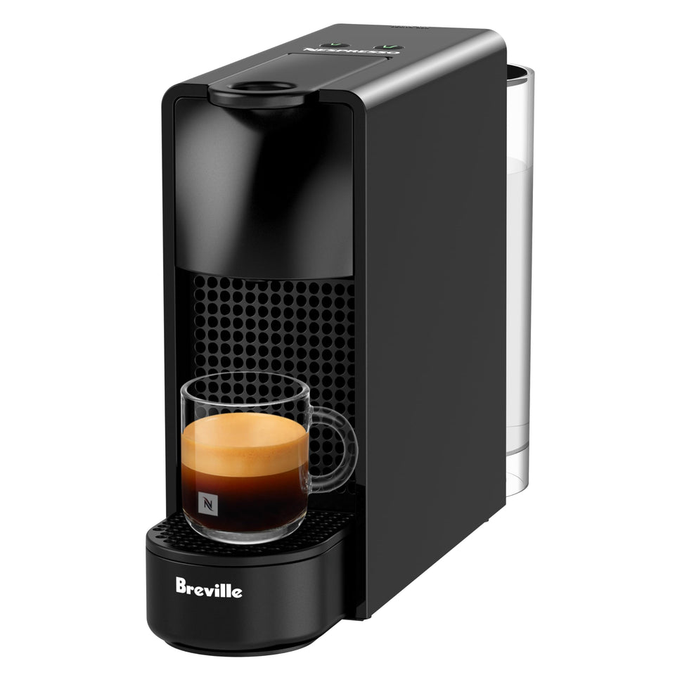 Breville Nespresso Essenza Mini front view in piano black, compact and stylish