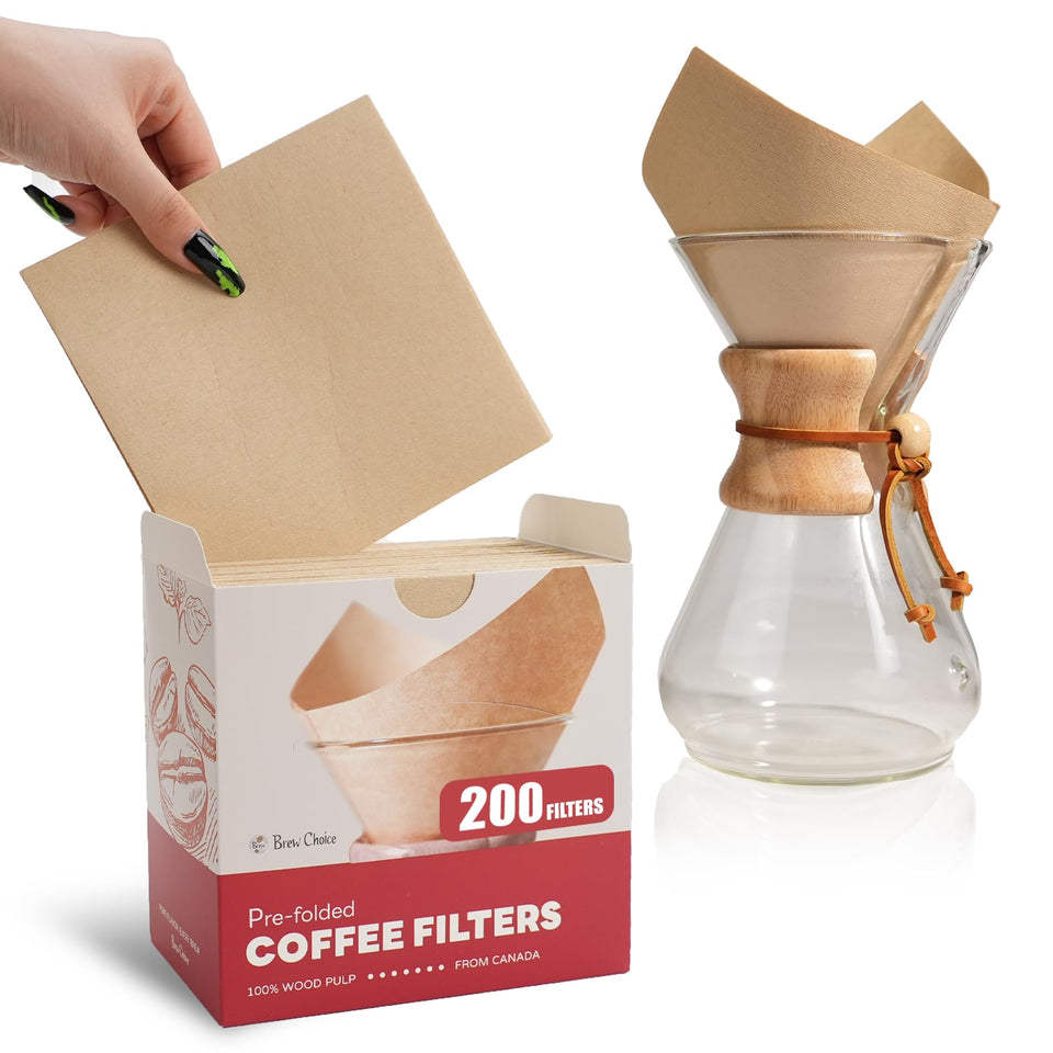 Brew Choice 200ct pre-folded cone filters in packaging emphasize convenience and eco-friendliness.