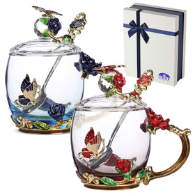 Brew To A Tea floral glass tea cups blue and red with lids and spoons, ideal for gatherings.