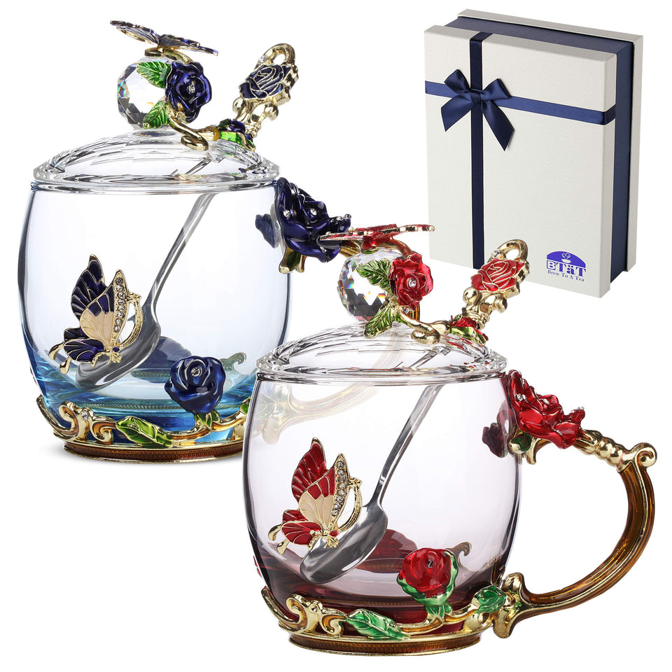 Brew To A Tea floral glass tea cups blue and red with lids and spoons, ideal for gatherings.