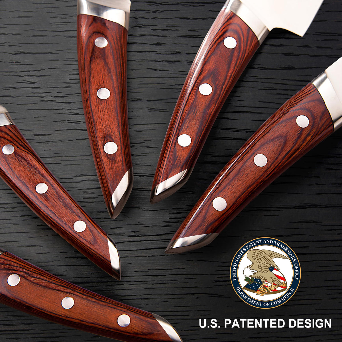 Brewin Chefilosophi ergonomic red pakkawood handle close-up for a secure grip during extended prep.