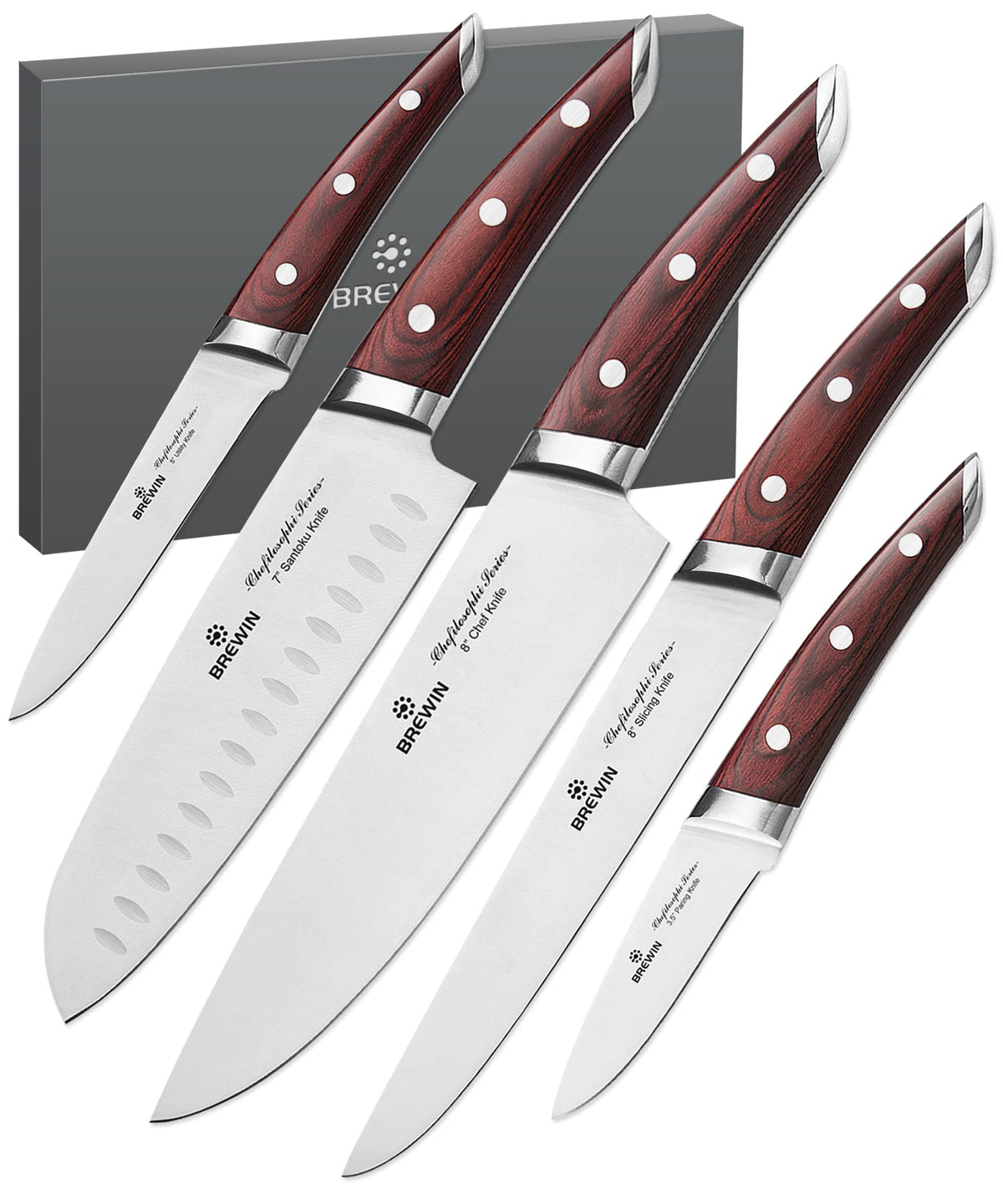 Brewin Chefilosophi 5-piece knife set hero view highlighting premium craftsmanship and balanced design.
