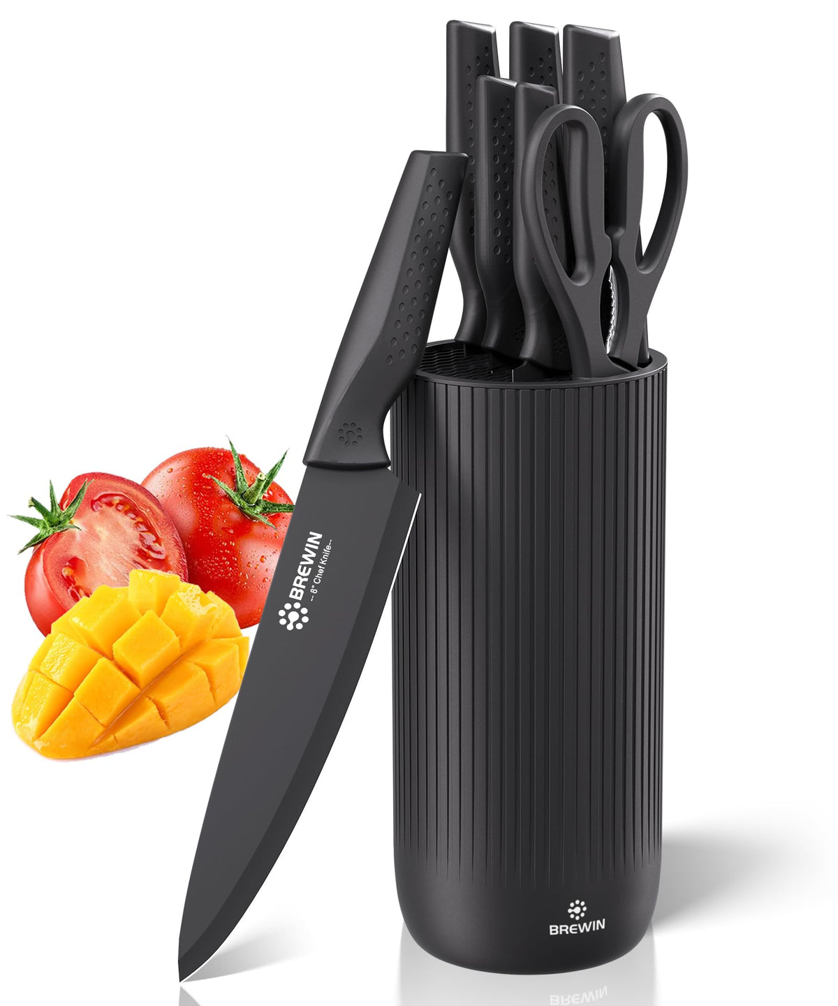 Brewin knife set block on counter for organized storage and easy access.
