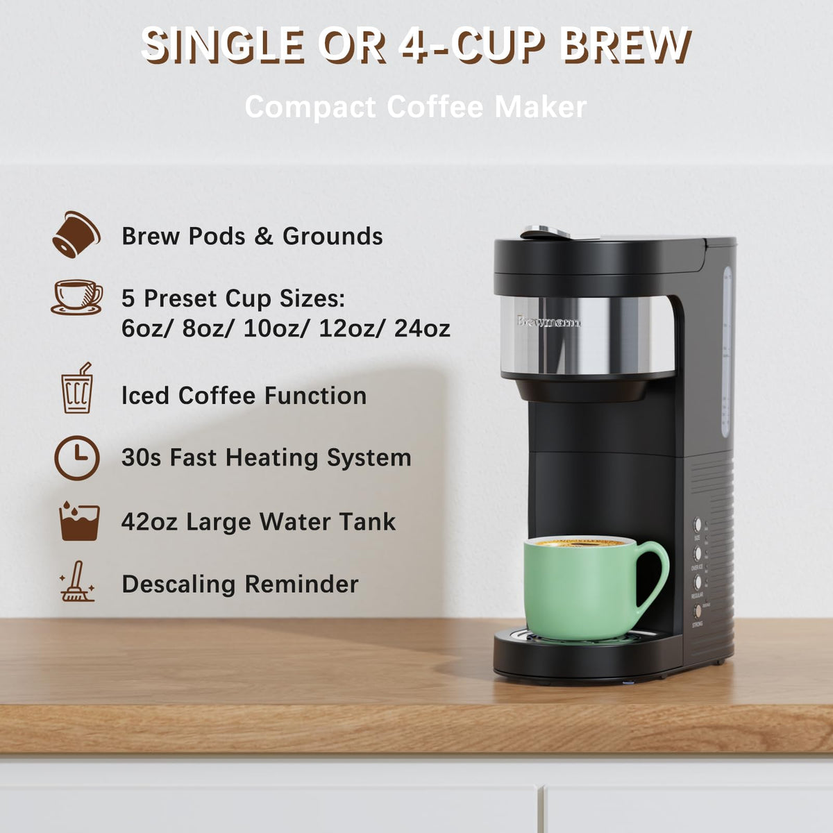 Brewmann coffee maker side view highlighting its slim footprint for dorms and desks