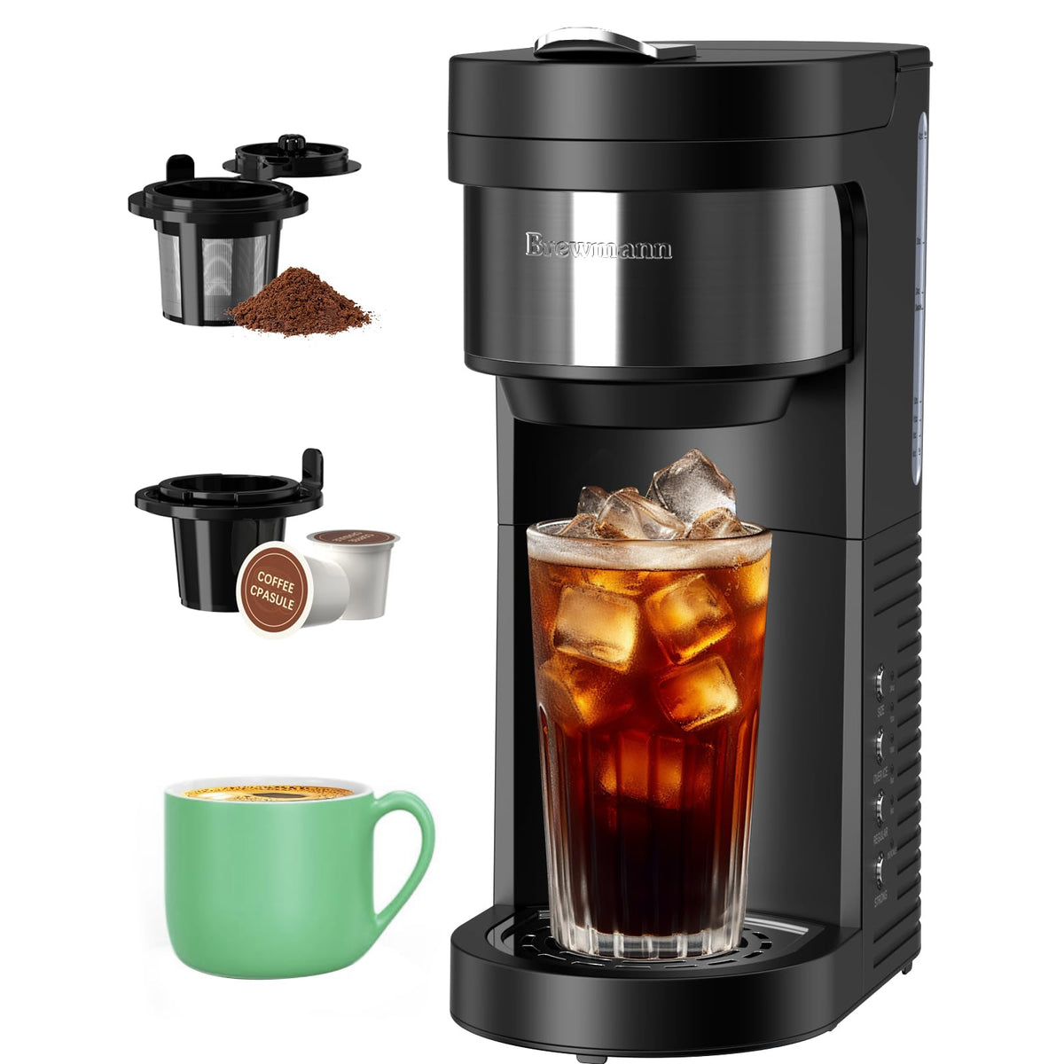 Brewmann single-serve coffee maker front view showing compact design for small spaces
