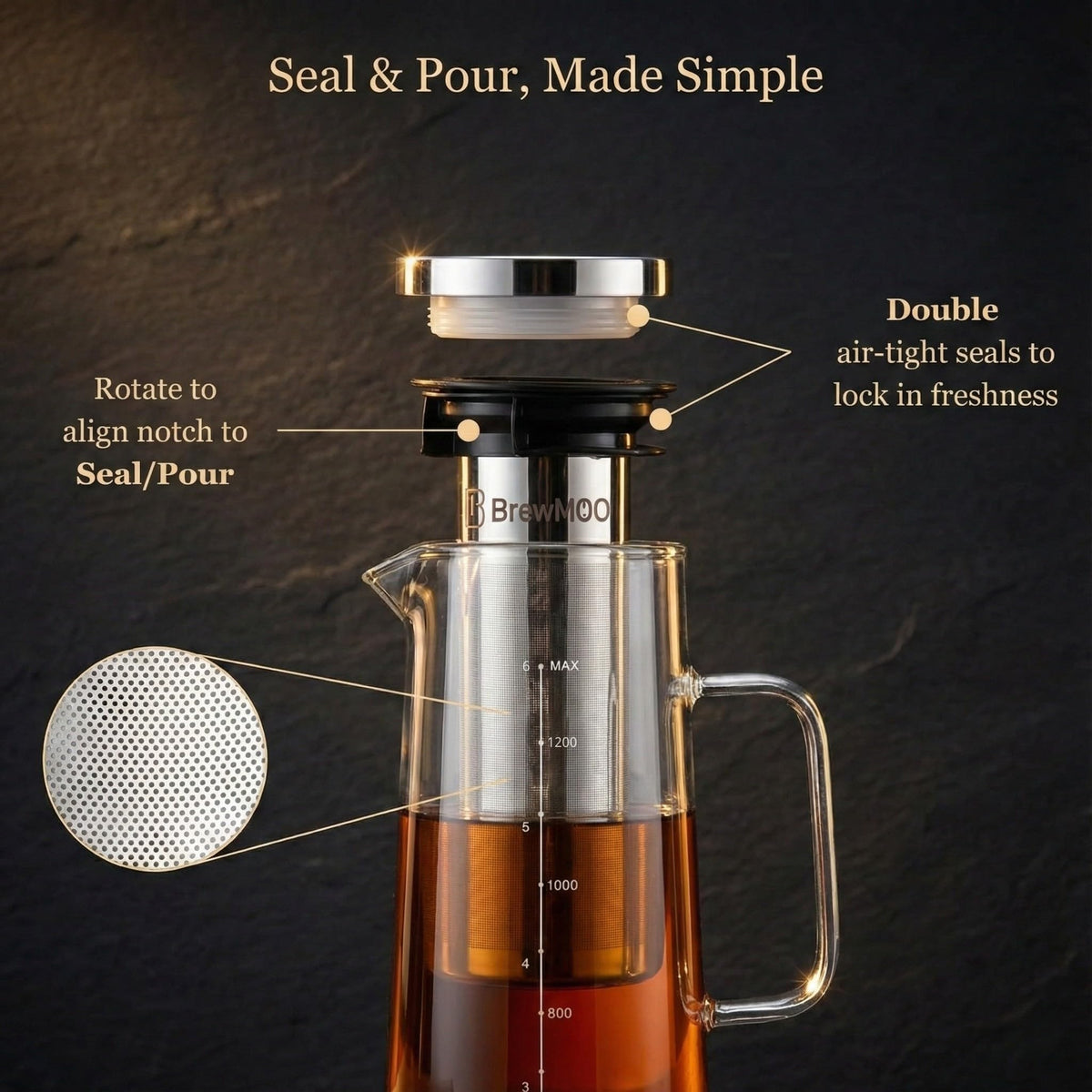 BrewMOO airtight dual silicone seals preserve freshness for up to two weeks