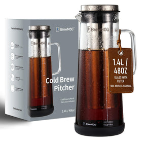 BrewMOO cold brew pitcher with glass carafe showing crisp concentrate and glass clarity