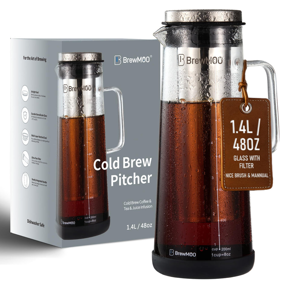 BrewMOO cold brew pitcher with glass carafe showing crisp concentrate and glass clarity